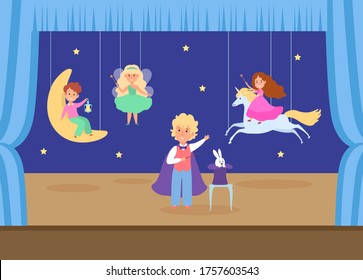 Child character play young school theatre flat vector illustration. Children magic performance, boy conjures girl on unicorn female fairy, kid casting dramatic art sorcery exhibition.