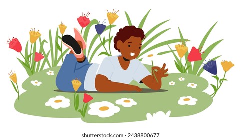 Child Character Relaxes On Vibrant Green Spring Meadow, Bathed In Sunlight, Surrounded By Blossoming Flowers, Feeling Gentle Breeze, Embodying Peace And Innocence. Cartoon People Vector Illustration