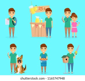 Child character. A set of different games and classes for the boy. Cook, veterinarian, businessman, builder, doctor. In flat style on blue background. The cartoon.