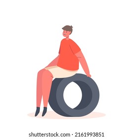 Child Character Sitting on of Recycled Car Tire Isolated on White Background. Boy Playing in Garden or Playground. Little Kid Laughing, Summer Vacation, Freedom. Cartoon People Vector Illustration
