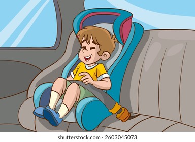 Child Character Sitting in Child Seat in Backseat of Car, Safe Travel. Kids Safety, Comfortable Travel Concept. Happy Boy Sitting in Comfortable Chair for Transport. Cartoon People Vector Illustration