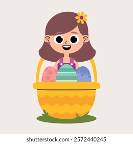 Child character of smiling Caucasian girl, brown hair, purple overalls and yellow flower inside yellow basket with some Easter eggs next to it on grass and light background.