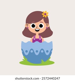 Child character of smiling Caucasian girl, brown hair, purple overalls and yellow flower inside blue Easter egg in pastel colors with light background.