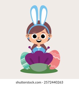 Child character of smiling Caucasian girl, brown hair, blue sweater and bunny ears in pastel colors behind a purple flower and Easter eggs on grass.