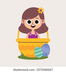 Child character of smiling Caucasian girl, brown hair, purple overalls and yellow flower inside a yellow basket with some Easter eggs on grass and on a light background.