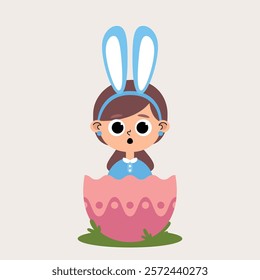 Child character of smiling Caucasian girl, brown hair, blue sweater and bunny ears in pastel colors inside pink Easter egg in pastel colors with light background.