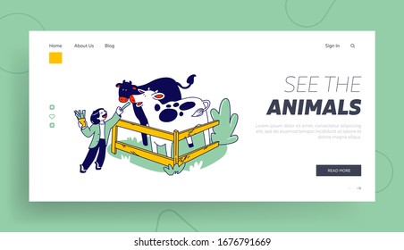 Child Character Spend Time in Animal Petting Park Landing Page Template. Cheerful Kid Feeding Cute Cows in Wooden Cage at Outdoor Farm Zoo on Weekend, Leisure, Vacation. Linear Vector Illustration