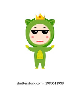 child character wearing a dino costume on a white background