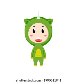 child character wearing a dino costume on a white background