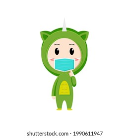 child character wearing a dino costume on a white background