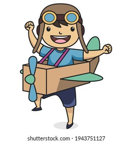Child Character Wearing Pilot Hat Playing With Toy Plane Made of Cardboard. Children Book Illustration. Vector illustration.