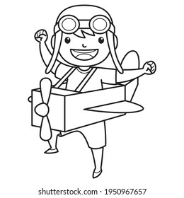 Child Character Wearing Pilot Hat Playing With Toy Plane Made of Cardboard. Black and White Color. Coloring Book Illustration. Vector.