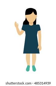 Child character without face with hand raised in blue dress vector. Flat design. Girl template personage illustration for child concepts, fashion app, logos, infographic. Isolated on white.