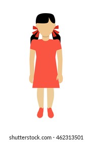 Child character without face in orange dress vector in flat design. Girl template personage figure illustration for child concepts, fashion app, logos, infographic. Isolated on white background.