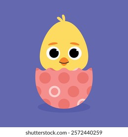 Child character of yellow chick inside an Easter egg in pastel colors with a purple background.