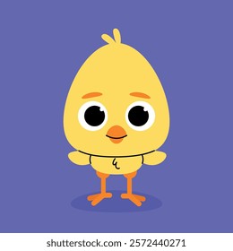 Child character of yellow chick standing with outstretched wings on a purple background.