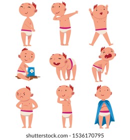 Child characters. Baby girl in different situations cartoon vector illustration