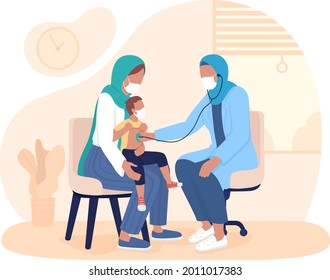 Child checkup with parent 2D vector isolated illustration. Listen breathing using stethoscope flat characters on cartoon background. Respiratory diseases prevention. Baby doctor visit colourful scene