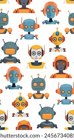 Child cheerful pattern with bright cartoon robots on a white background. Childish flat texture with various cyborg toys for fabrics, wrapping paper and wallpaper.