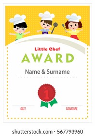 Child chef award. Cooking class for kids certificate design, layout template, vector illustration