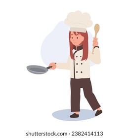 Child Chef Prepares a Delicious Meal. Kid Chef Cooking with Frying Pan