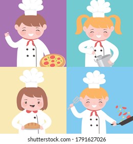 child chef profession cartoon characters with food and kitchen utensils vector illustration