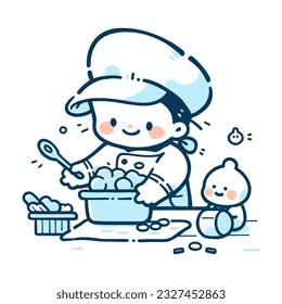 A child in a chef's hat happily baking cookies in the kitchen, vector illustration