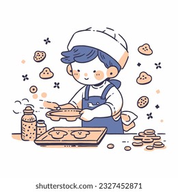 Niña en el sombrero de un chef horneando alegremente galletas en la cocina, ilustración vectorial