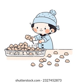 A child in a chef's hat happily baking cookies in the kitchen, vector illustration