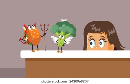 
Child Choosing Between Healthy and Unhealthy Foods Vector Cartoon illustration. Little girl deciding what to eat to feel healthy and grow up
