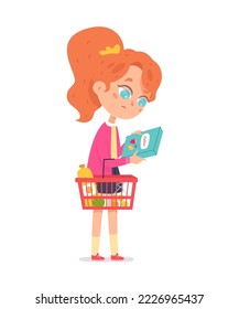 Child choosing grocery products in supermarket vector illustration. Cartoon isolated girl holding healthy muesli cereal box and basket full of food, kid thinking before making choice and standing