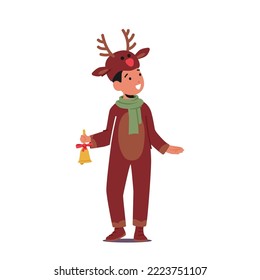 Child in Christmas Costume of Reindeer, Little Boy Performing on School or Kindergarten Party. Kid Character Celebrate Xmas or New Year in Funny Deer Dress. Cartoon People Vector Illustration