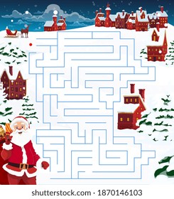 Child Christmas maze, labyrinth game template with Santa, reindeer and town. Santa Claus with sack full of gifts, deer and sleigh, houses decorated garlands and spruces covered snow cartoon vector