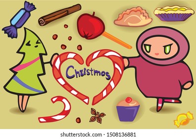 Child and Christmas tree among New Year and Christmas sweets. In color