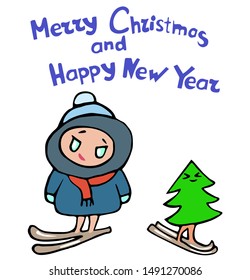 Child and a Christmas tree skiing. Wish you Merry Christmas and Happy New Year. Cartoon. In color