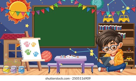 Child in classroom with art supplies