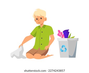 Limpieza infantil después de sí mismo, ilustración vectorial de caricatura plana aislada en fondo blanco. Criar niños y acostumbrarse a la limpieza y al orden.