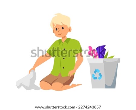 Child cleaning up after himself, flat cartoon vector illustration isolated on white background. Raising children and accustoming to cleanliness and order.