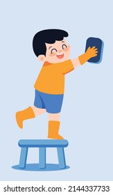 Child cleaning glass while stepping on stool, vector illustration