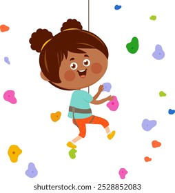 Child climbing bouldering rock wall at the sports training gym. Kid climber with rope climbing rock wall. Background with holds and climbing grips. Vector illustration