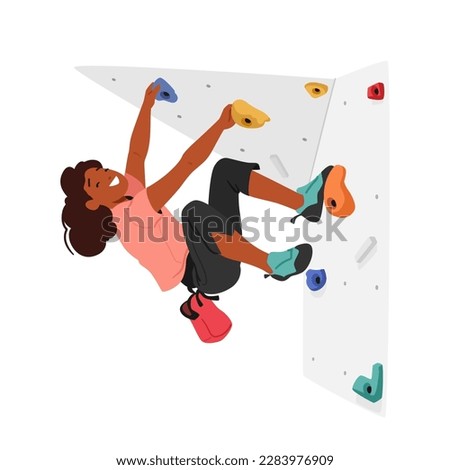 Child Climbing High Up A Challenging Rock Wall with Concentration. Little Girl Character Feel Thrill Of Adventure, Promote Sports, Fitness, Or Outdoor Activities. Cartoon People Vector Illustration