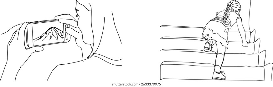 A child climbing stairs with smartphone displaying mountain view simple line art