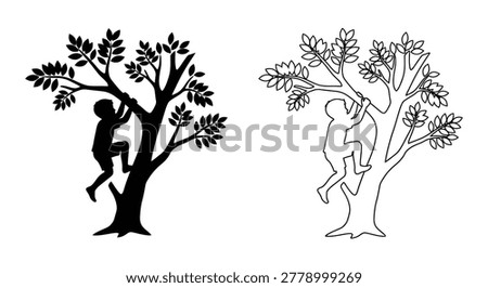 Child climbing a tree black silhouette high quality