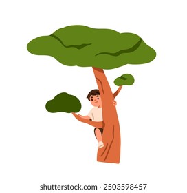 Child climbing up tree. Cute happy active boy playing outdoor, holding branches, hiding behind trunk. Funny playful kid, summer activity. Flat vector illustration, isolated on white background