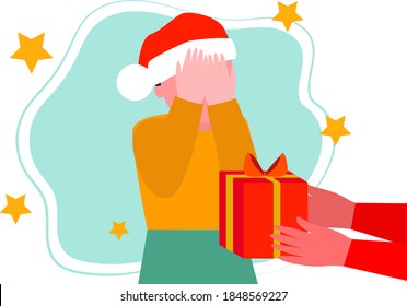 The child closed his eyes waiting for a gift, a surprise gift, gifts for Christmas. Give gifts, holiday flat illustration