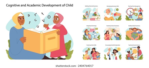 Conjunto de crecimiento cognitivo y académico infantil. Niños de diversas etnias que participan en diversas actividades de aprendizaje. Hitos de desarrollo en el viaje educativo infantil. Ilustración vectorial plana