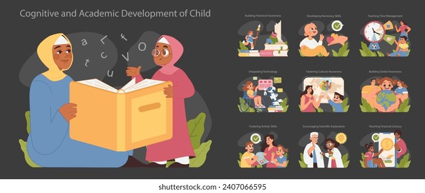 Conjunto de crecimiento cognitivo y académico infantil. Niños de diversas etnias que participan en diversas actividades de aprendizaje. Hitos de desarrollo en el viaje educativo infantil. Ilustración vectorial plana