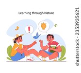 Child cognitive development. Process of kids intelligence and personality formation through nature. Children exploring environment, primary school education system. Flat vector illustration