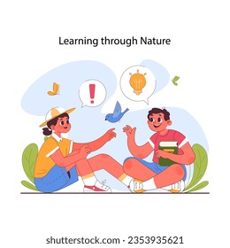 Child cognitive development. Process of kids intelligence and personality formation through nature. Children exploring environment, primary school education system. Flat vector illustration