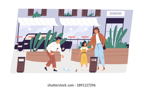 Child collecting garbage in street. Young modern mother with children picking up rubbish to throw it into waste bin. Boy and girl show good manners and care about clean city. Flat vector illustration